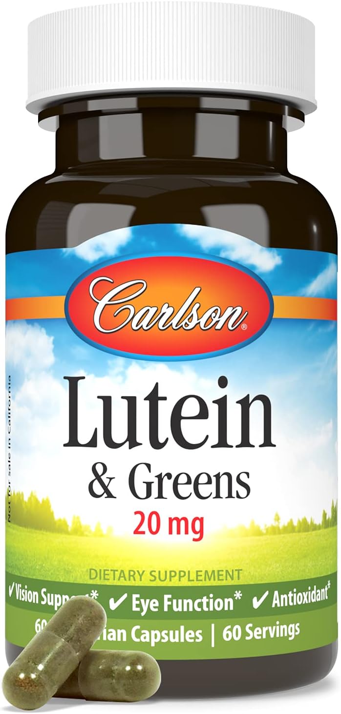 Carlson Lutein & Greens Capsules - 20mg for Vision Support, Eye Function, Antioxidant - 60 Vegetarian Capsules
