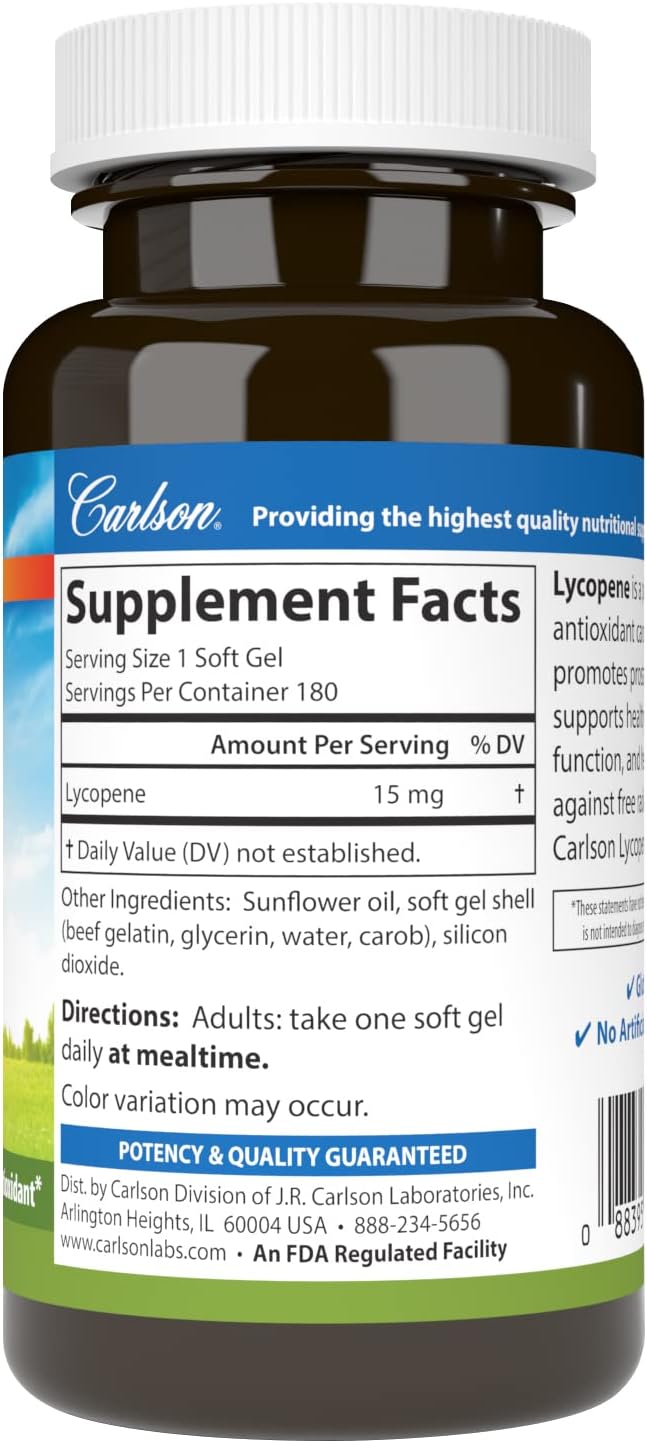 Carlson Lycopene 15mg Softgels for Prostate Health & Circulation Support, Tomato-Free Formula, 180 Count