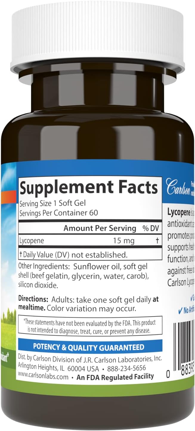 Carlson Lycopene Softgels 15mg Tomato-Free for Prostate Health & Circulation 60ct