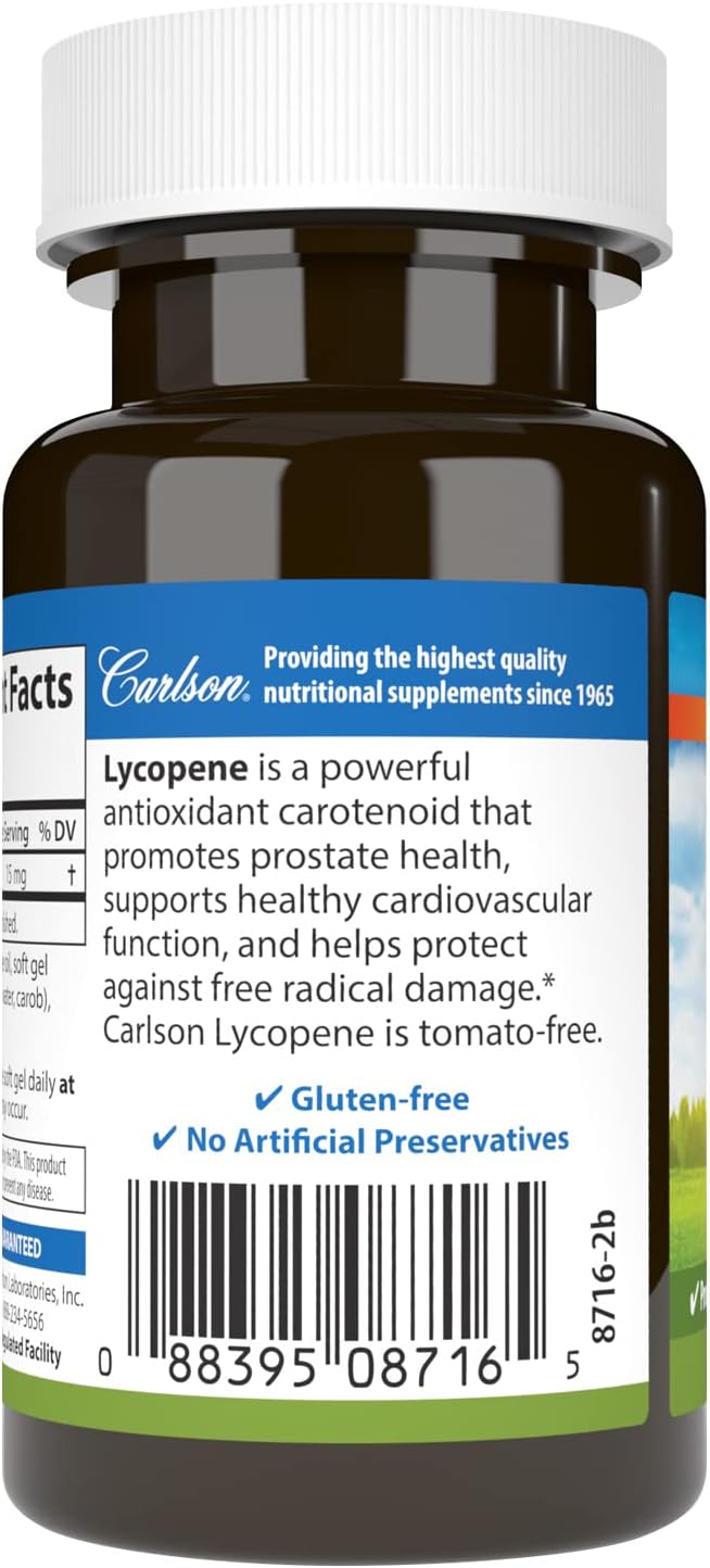 Carlson Lycopene Softgels 15mg Tomato-Free for Prostate Health & Circulation 60ct