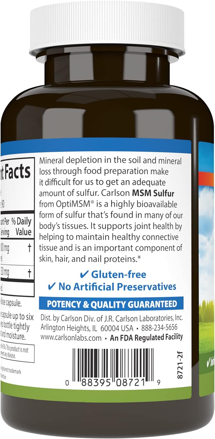Carlson M-S-M Sulfur Capsules, 1000mg, Enhanced Absorption, Supports Joints, Connective Tissue, Skin - 90 Veg Caps