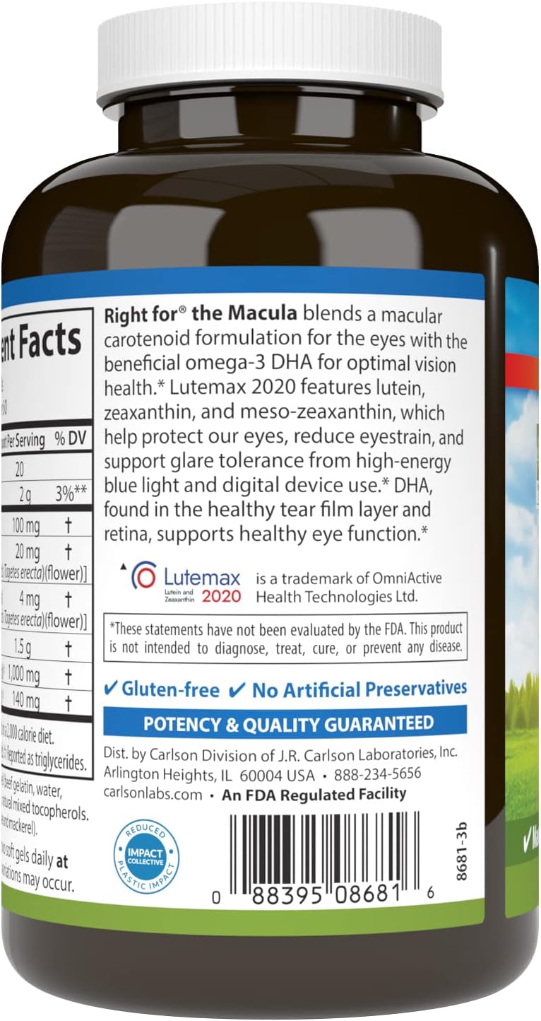 Carlson Macula Support Softgels - Clinically Proven Vision & Eye Health, Blue Light Protection - 120 Count