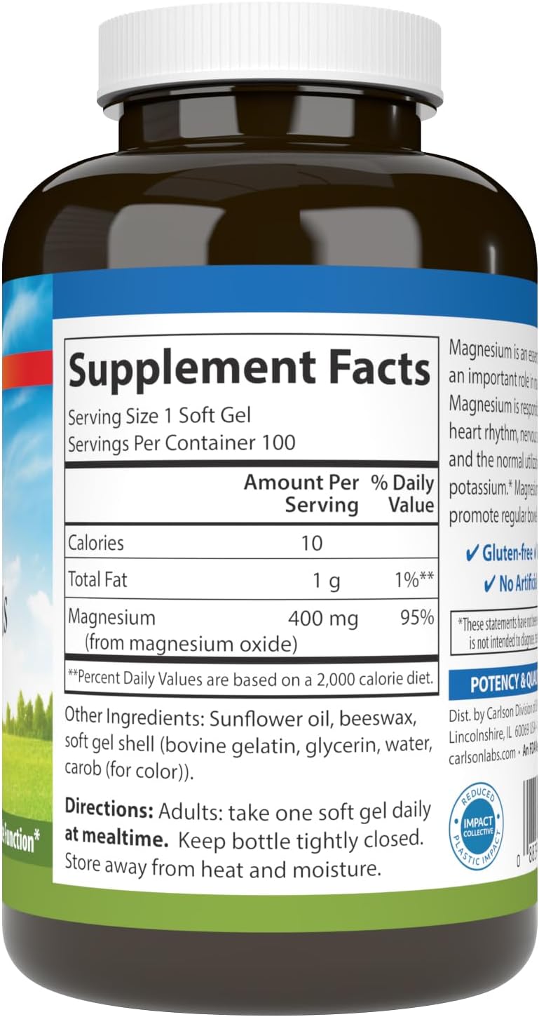 Carlson Magnesium Gels - 400mg Softgels for Heart, Muscle, and Bowel Support - 100 Count Bottle