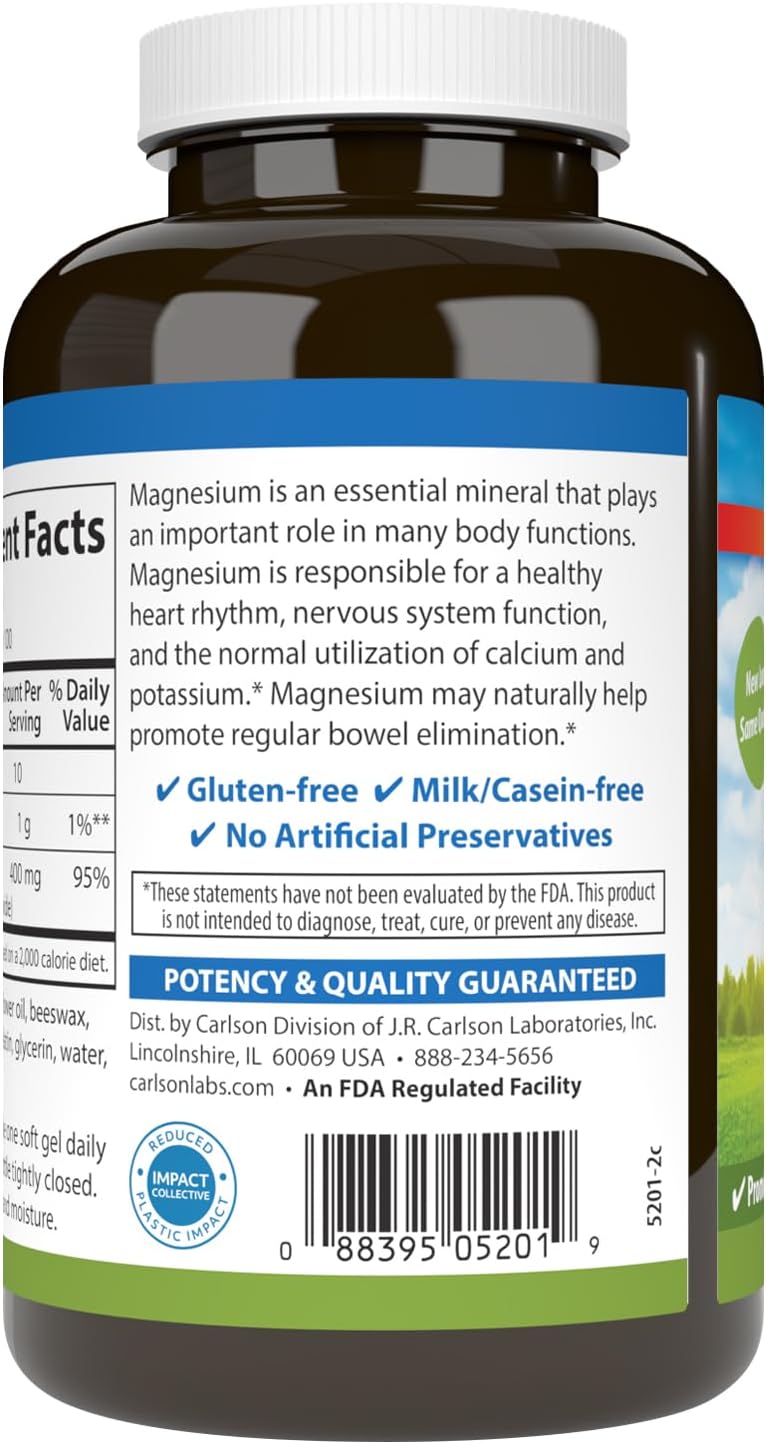 Carlson Magnesium Gels - 400mg Softgels for Heart, Muscle, and Bowel Support - 100 Count Bottle