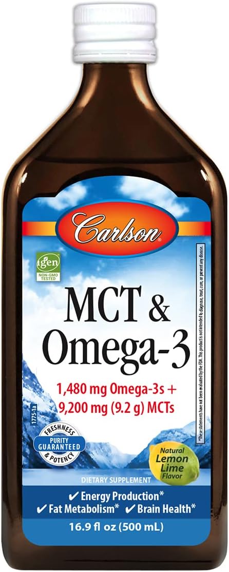 Carlson MCT & Omega-3 Lemon-Lime Liquid, 1480mg Omega-3s, 9200mg MCTs, Keto-Friendly, Caprylic & Capric Acids, Energy & Fat Metabolism - 500mL
