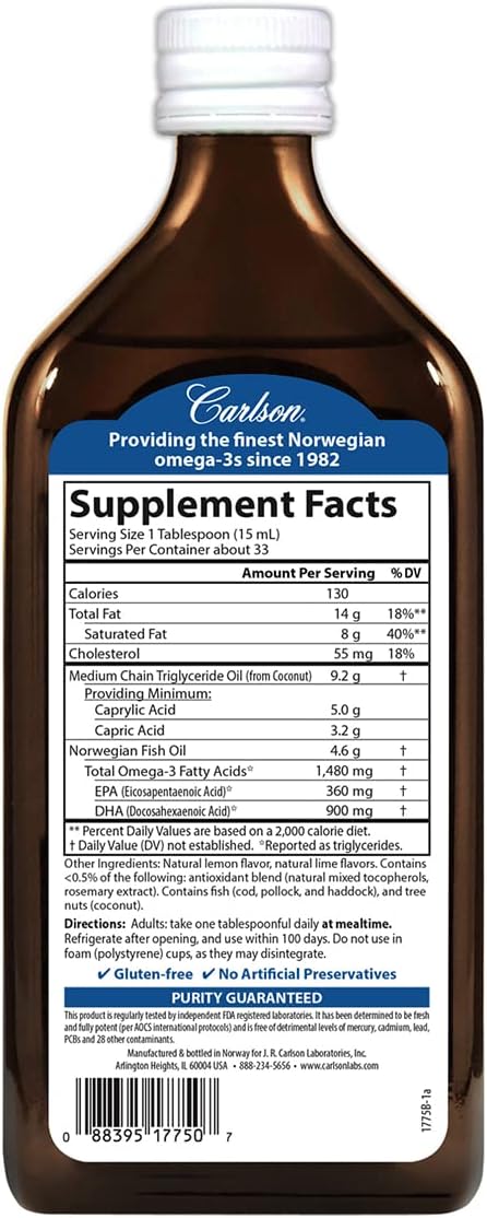 Carlson MCT & Omega-3 Lemon-Lime Liquid, 1480mg Omega-3s, 9200mg MCTs, Keto-Friendly, Caprylic & Capric Acids, Energy & Fat Metabolism - 500mL