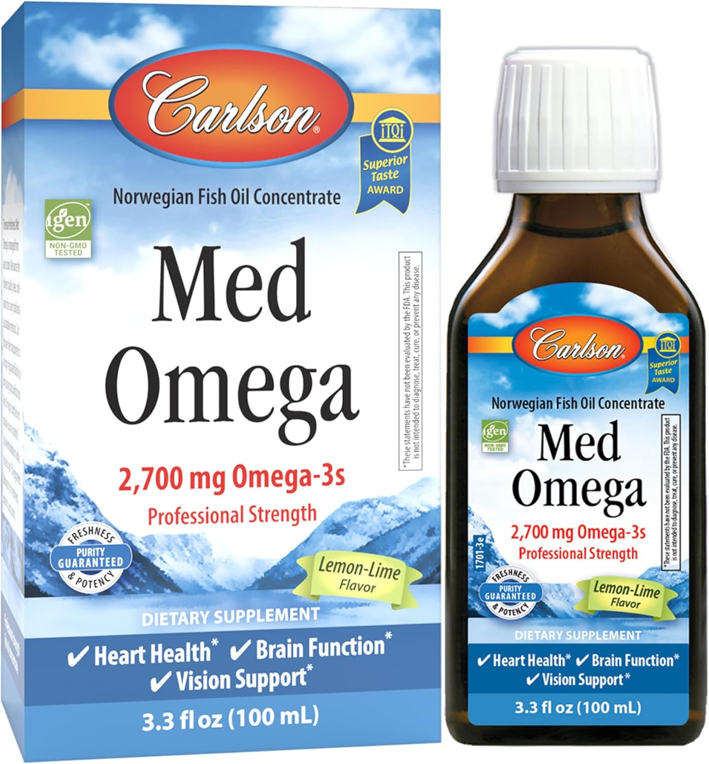 Carlson Med Omega 2,700 mg Norwegian Fish Oil Supplement for Heart, Brain, and Vision Support - Lemon-Lime Flavor - 100 mL