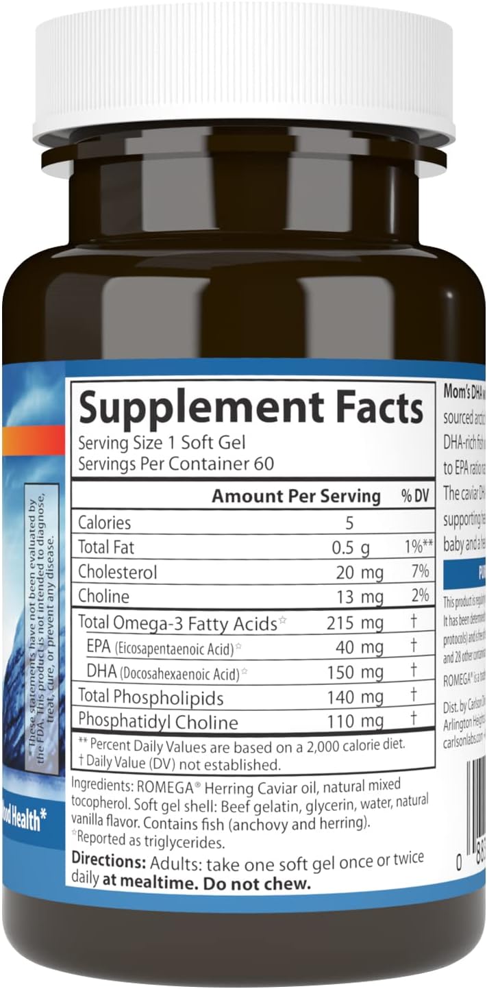 Carlson Mom's DHA with Choline Softgels, Promotes Growth and Development, 3:1 DHA to EPA Ratio, 60 Count