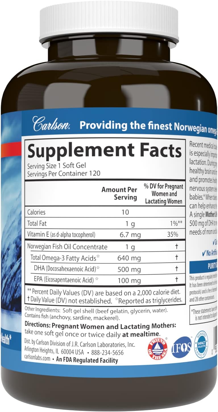Carlson Mother's DHA Softgels - 500mg DHA for Prenatal Support, Fetal Development, and Immune Health - 120 Count
