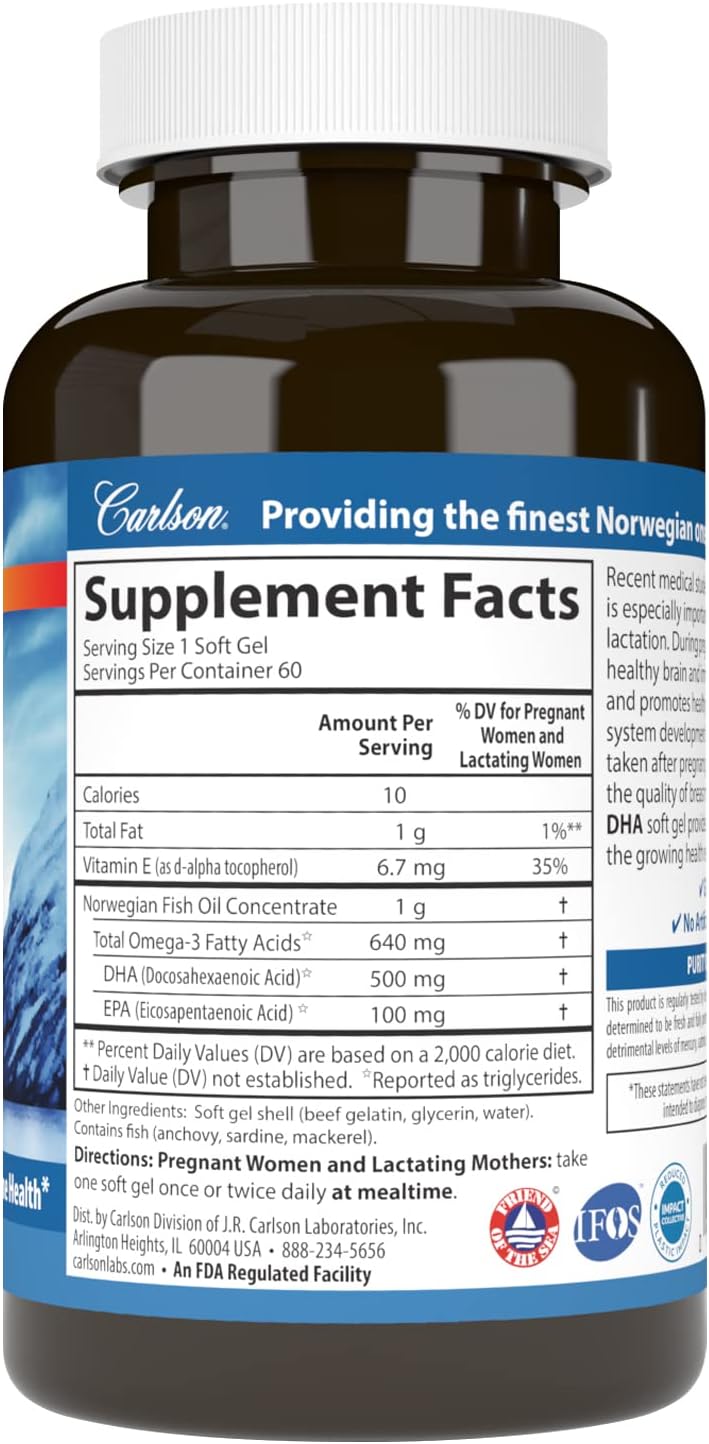 Carlson Mother's DHA Softgels - 500mg DHA for Prenatal Support, Fetal Development, & Immune Health - 60 Count