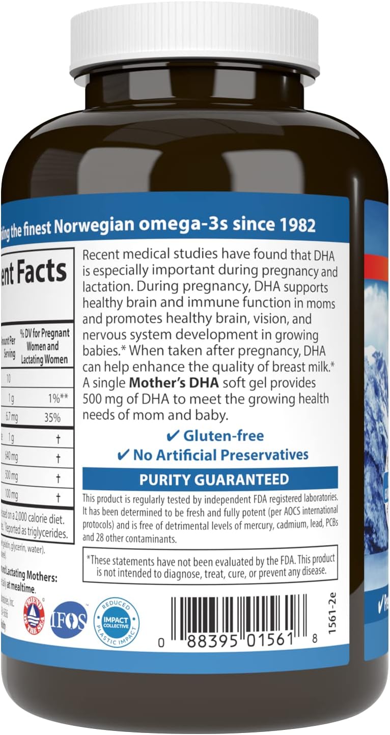 Carlson Mother's DHA Softgels - 500mg DHA for Prenatal Support, Fetal Development, and Immune Health - 120 Count