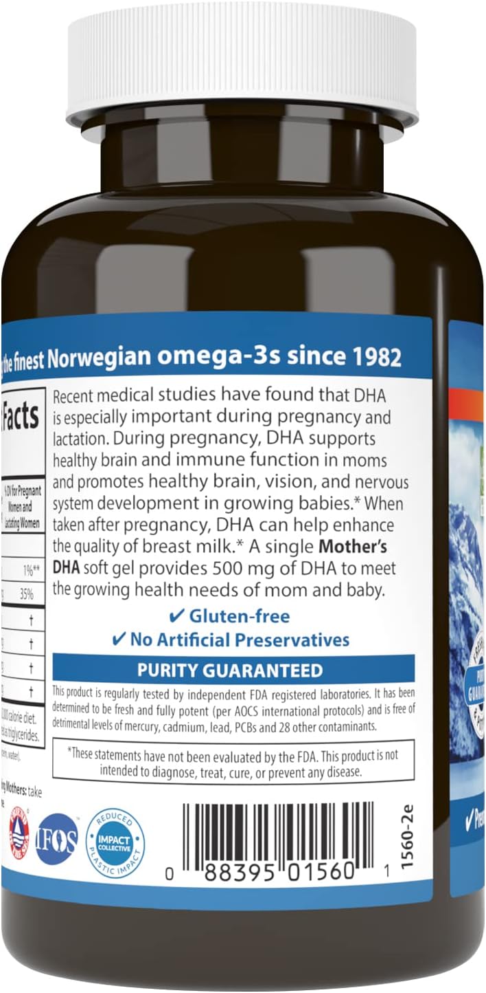 Carlson Mother's DHA Softgels - 500mg DHA for Prenatal Support, Fetal Development, & Immune Health - 60 Count