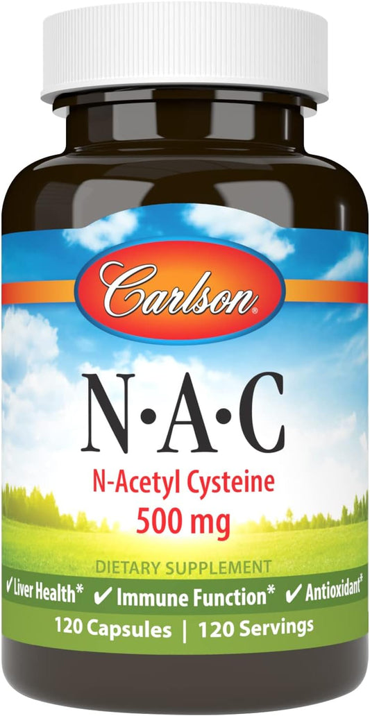 Carlson N-Acetyl Cysteine 500mg Capsules - Supports Liver Health, Immune Function, and Antioxidant Protection - 120 Vegetarian Capsules