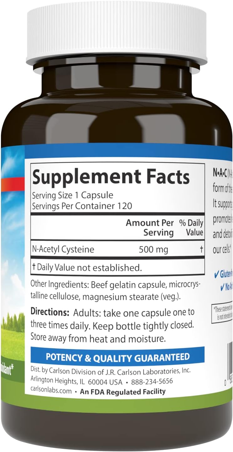Carlson N-Acetyl Cysteine 500mg Capsules - Supports Liver Health, Immune Function, and Antioxidant Protection - 120 Vegetarian Capsules