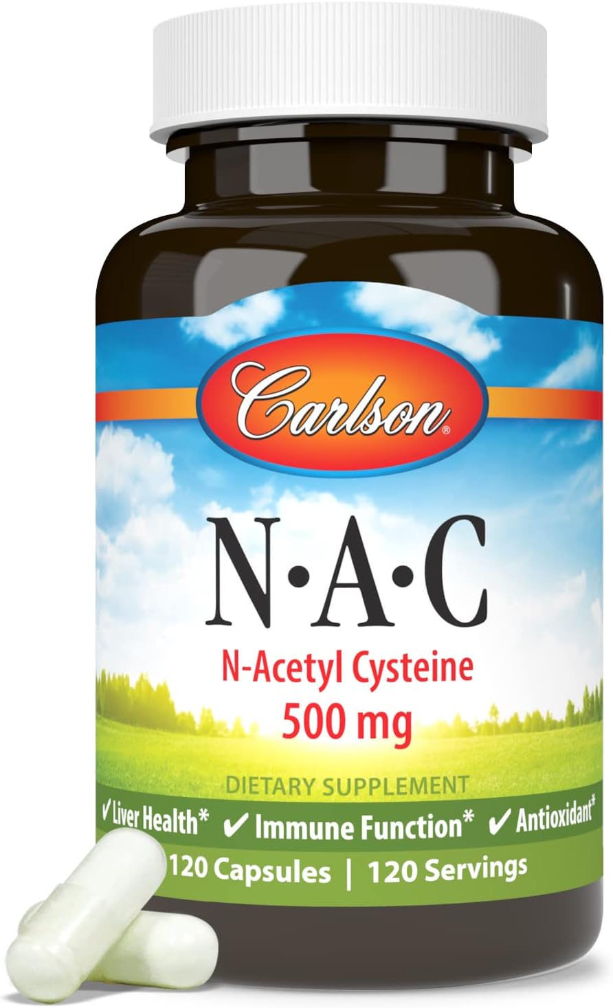 Carlson N-Acetyl Cysteine 500mg Capsules - Supports Liver Health, Immune Function, and Antioxidant Protection - 120 Vegetarian Capsules