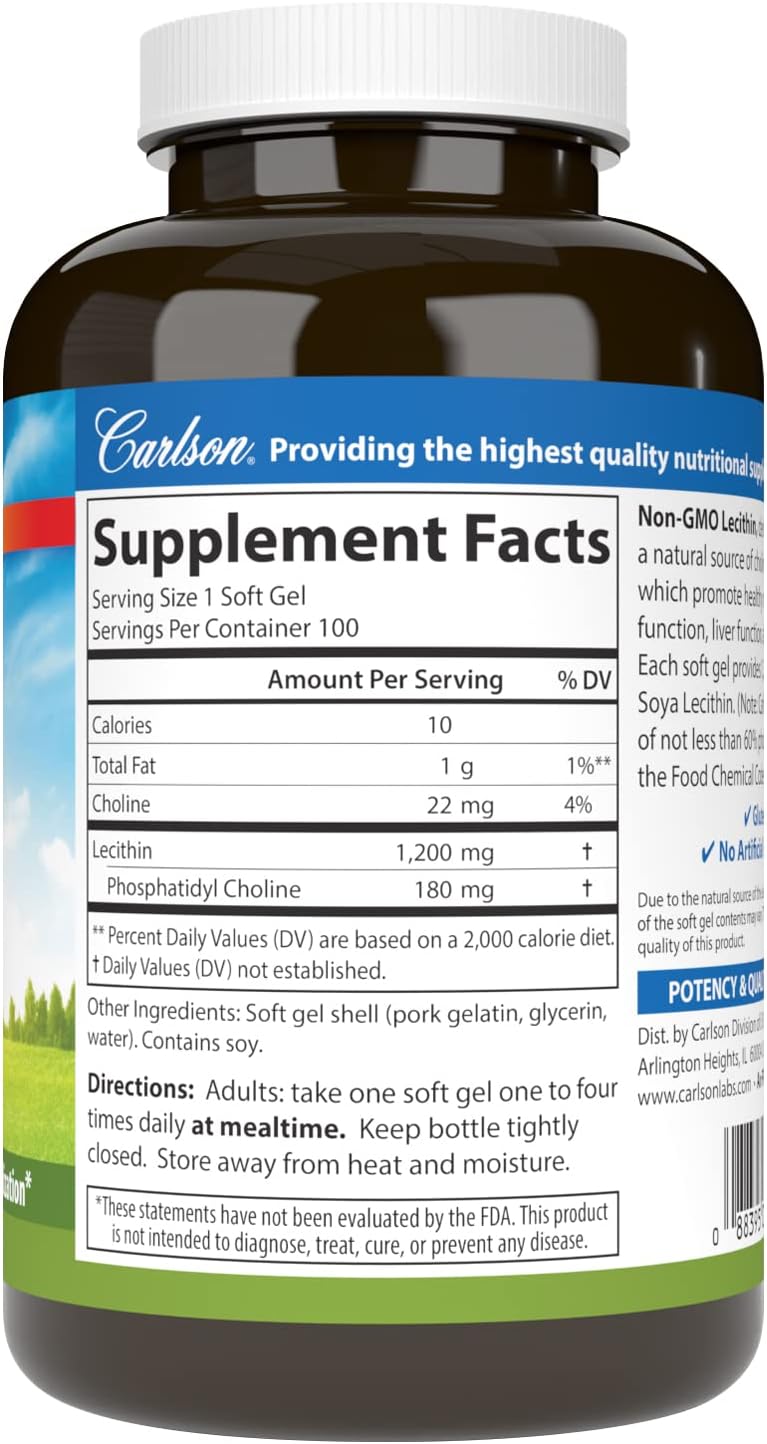 Carlson Non-GMO Lecithin Softgels - 1200 mg for Nervous System & Liver Support