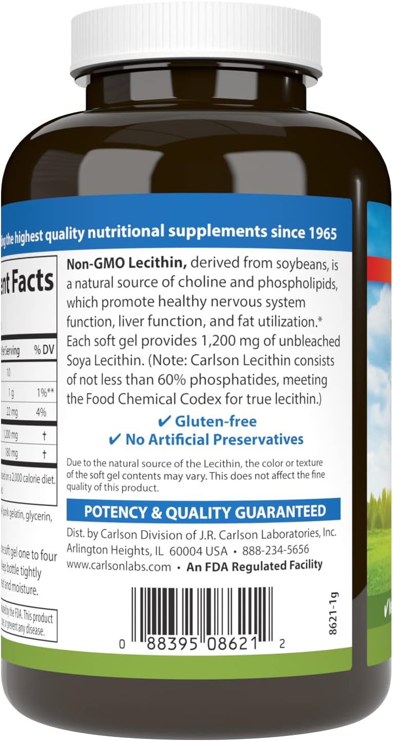 Carlson Non-GMO Lecithin Softgels - 1200 mg for Nervous System & Liver Support