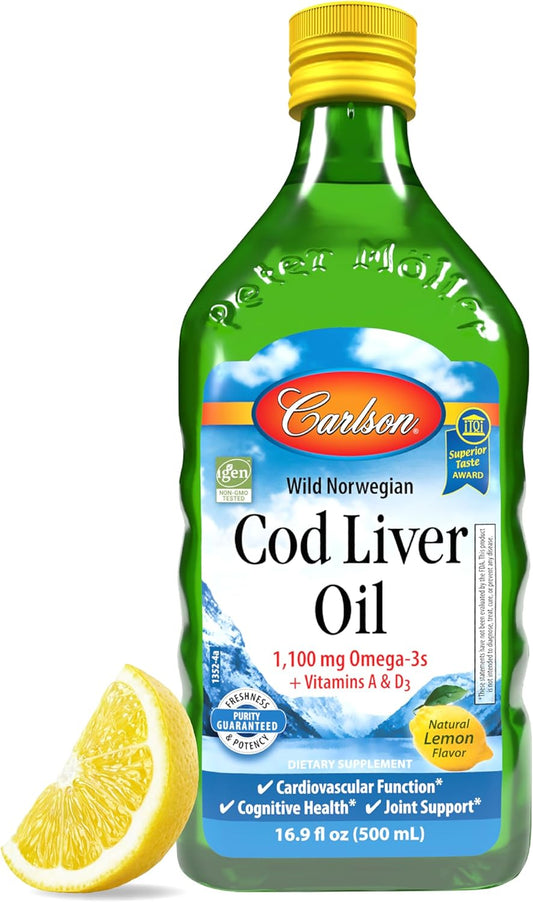 Carlson Norwegian Arctic Cod Liver Oil Liquid Supplement 1100mg Omega-3 Lemon Flavor 500ml