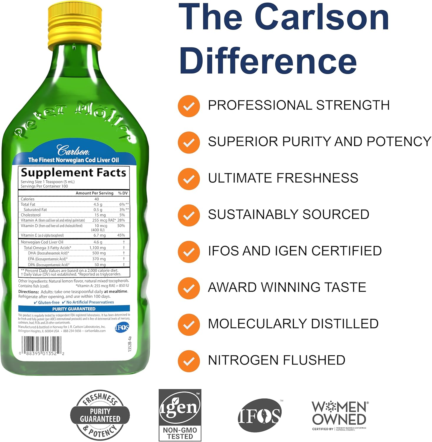 Carlson Norwegian Arctic Cod Liver Oil Liquid Supplement 1100mg Omega-3 Lemon Flavor 500ml