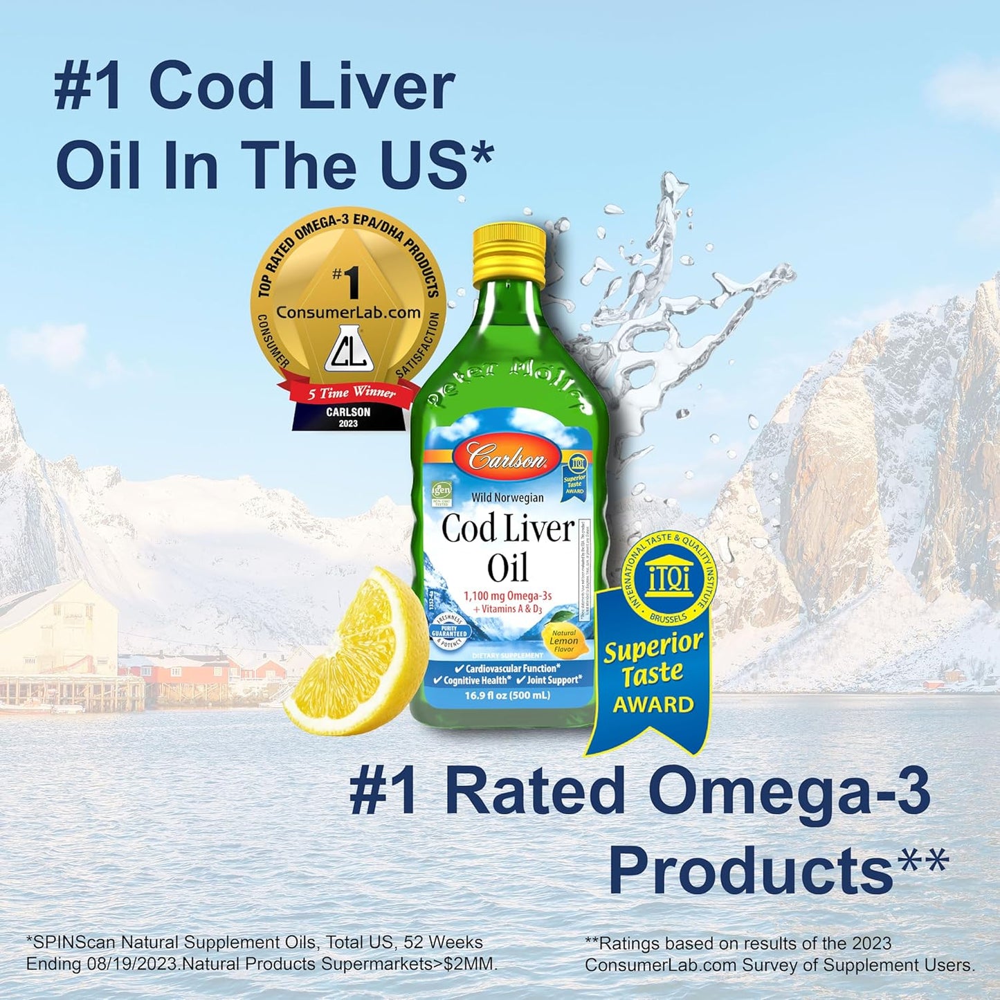 Carlson Norwegian Arctic Cod Liver Oil Liquid Supplement 1100mg Omega-3 Lemon Flavor 500ml