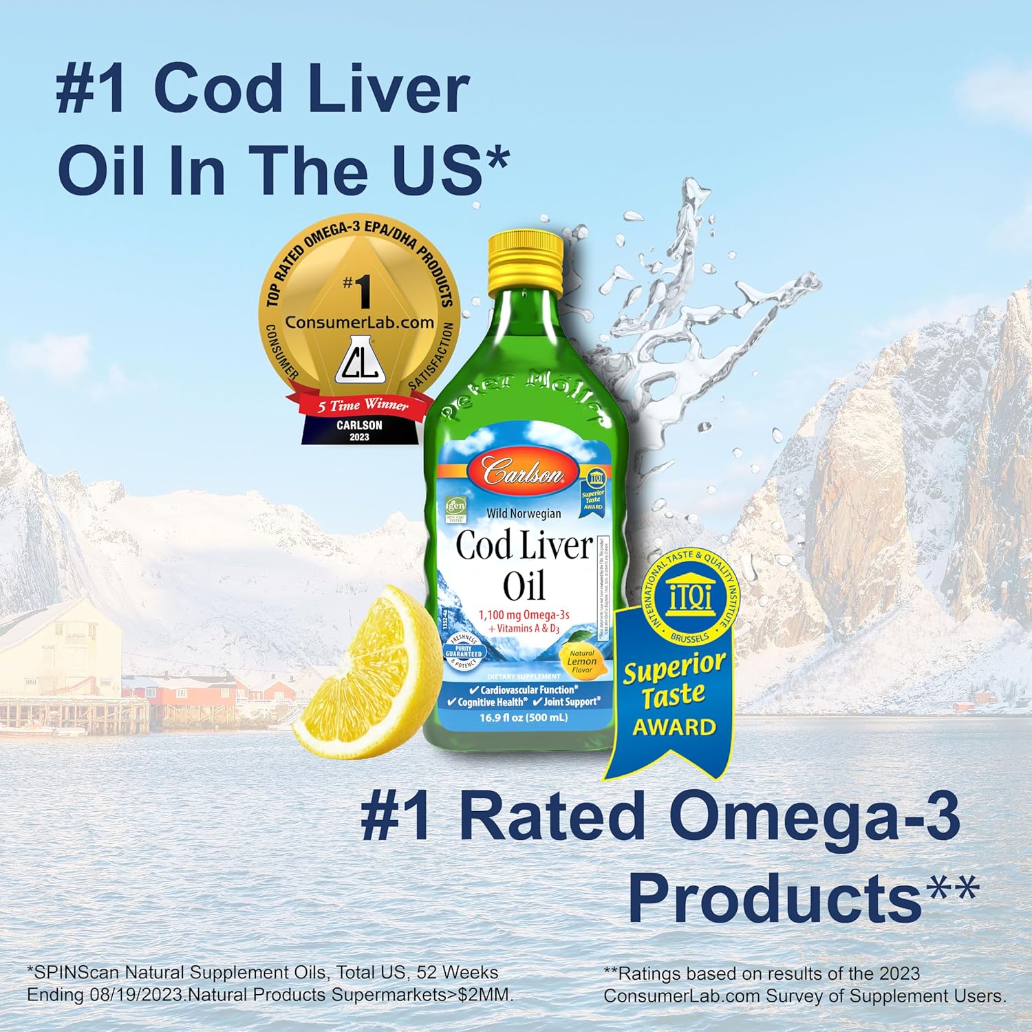 Carlson Norwegian Arctic Cod Liver Oil Liquid Supplement 1100mg Omega-3 Lemon Flavor 500ml