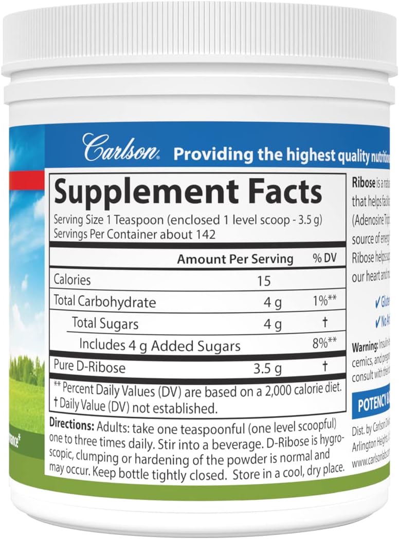 Carlson Ribose Powder - 100% Pure D-Ribose for Energy, Muscle Recovery & Athletic Performance - 17.6 oz (500g)