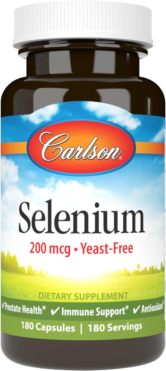 Carlson Selenium 200 mcg Capsules for Prostate Health & Immune Support - Yeast-Free Antioxidant Formula, 180 Count