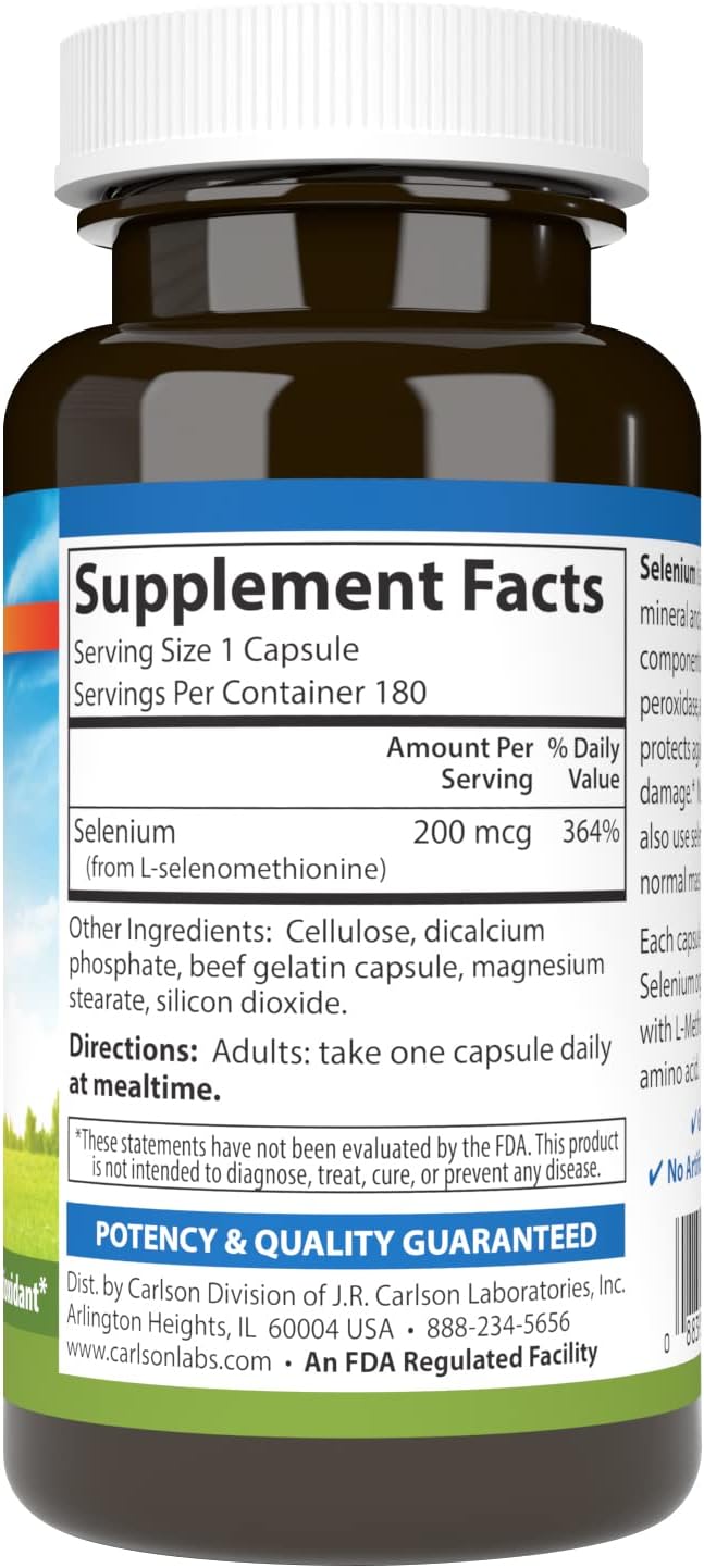 Carlson Selenium 200 mcg Capsules for Prostate Health & Immune Support - Yeast-Free Antioxidant Formula, 180 Count