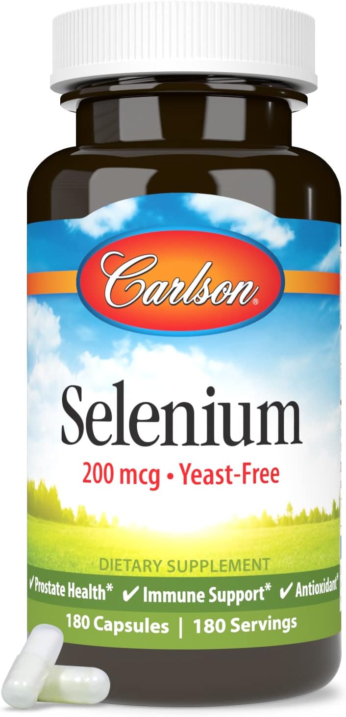 Carlson Selenium 200 mcg Capsules for Prostate Health & Immune Support - Yeast-Free Antioxidant Formula, 180 Count
