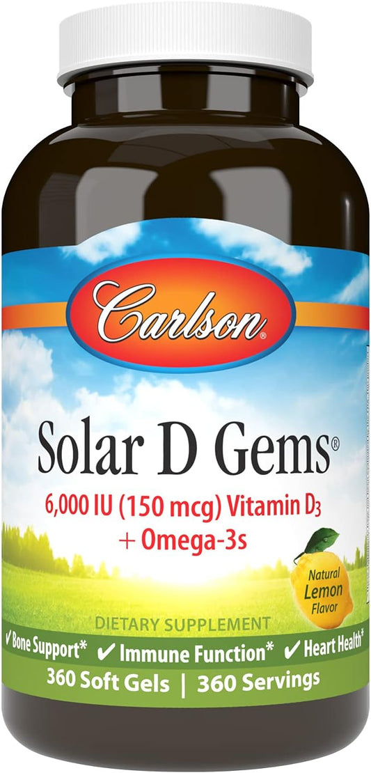 Carlson Solar D Gems 6000 IU Vitamin D3 with Omega-3 EPA and DHA, Lemon Flavor, 360 Softgels