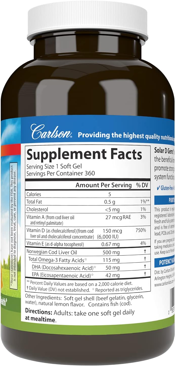 Carlson Solar D Gems 6000 IU Vitamin D3 with Omega-3 EPA and DHA, Lemon Flavor, 360 Softgels