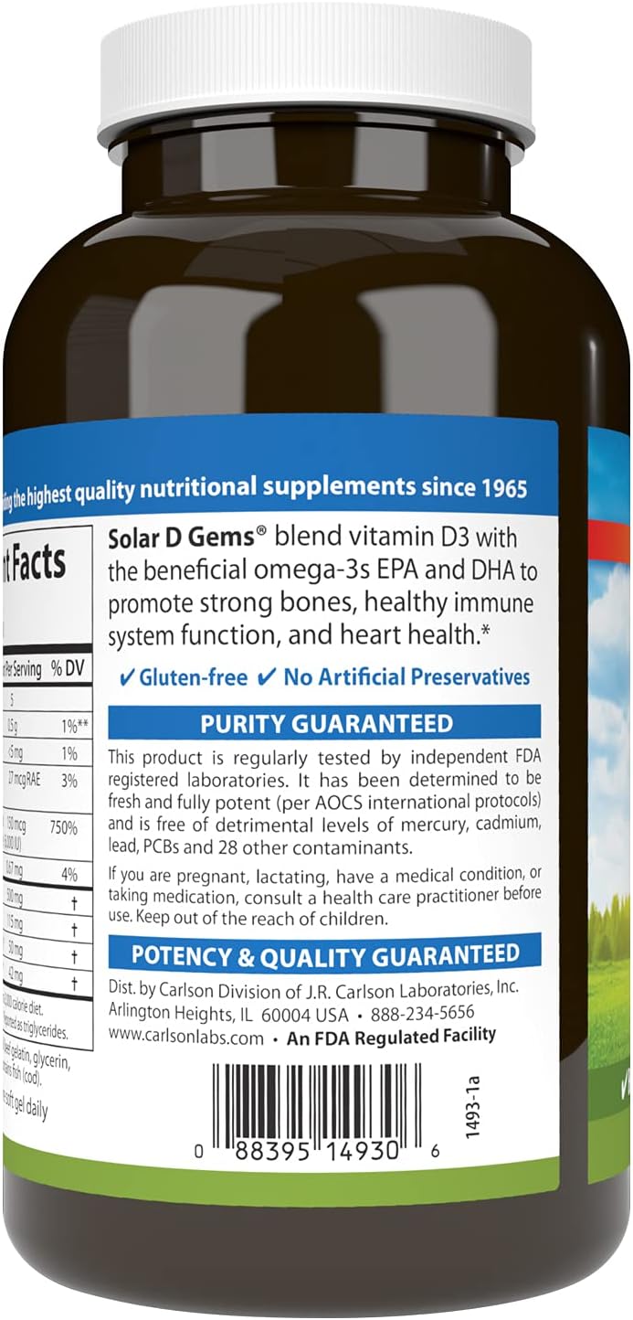 Carlson Solar D Gems 6000 IU Vitamin D3 with Omega-3 EPA and DHA, Lemon Flavor, 360 Softgels