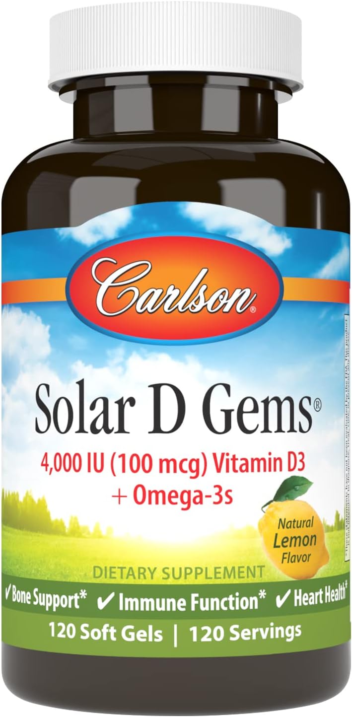 Carlson Solar D Gems Lemon Softgels - 4000 IU Vitamin D3, 115 mg Omega-3 EPA and DHA, Bone & Immune Health Supplement