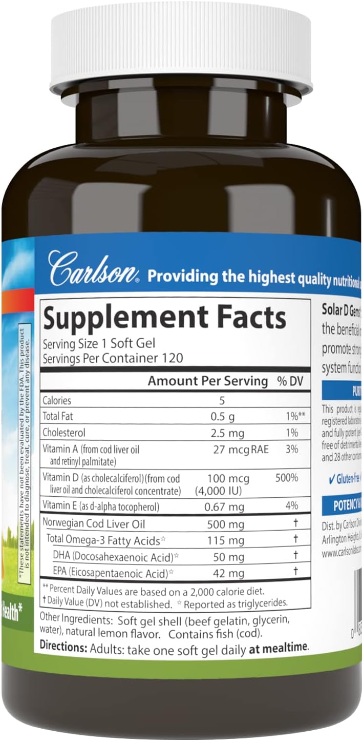Carlson Solar D Gems Lemon Softgels - 4000 IU Vitamin D3, 115 mg Omega-3 EPA and DHA, Bone & Immune Health Supplement