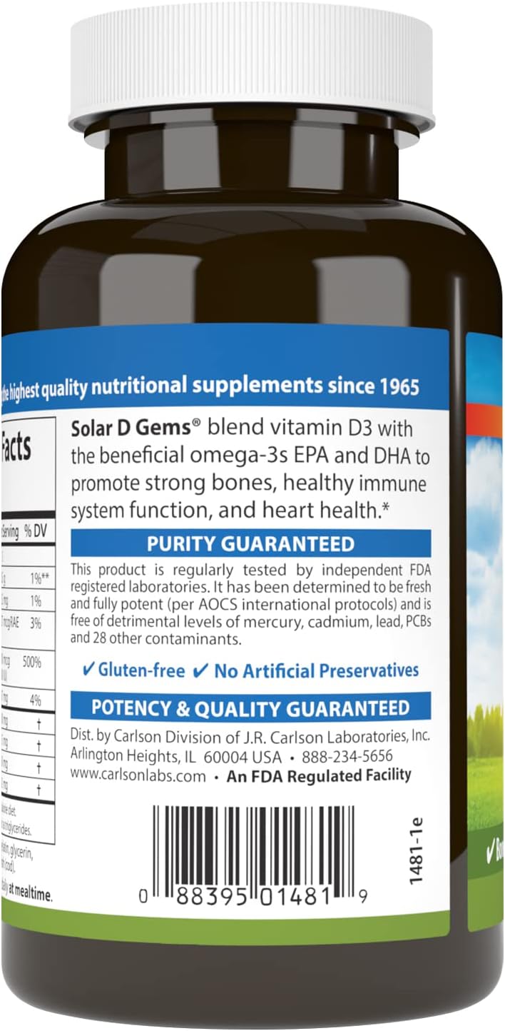 Carlson Solar D Gems Lemon Softgels - 4000 IU Vitamin D3, 115 mg Omega-3 EPA and DHA, Bone & Immune Health Supplement