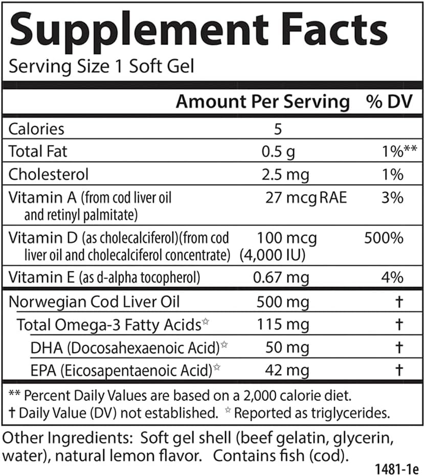 Carlson Solar D Gems Lemon Softgels - 4000 IU Vitamin D3, 115 mg Omega-3 EPA and DHA, Bone & Immune Health Supplement