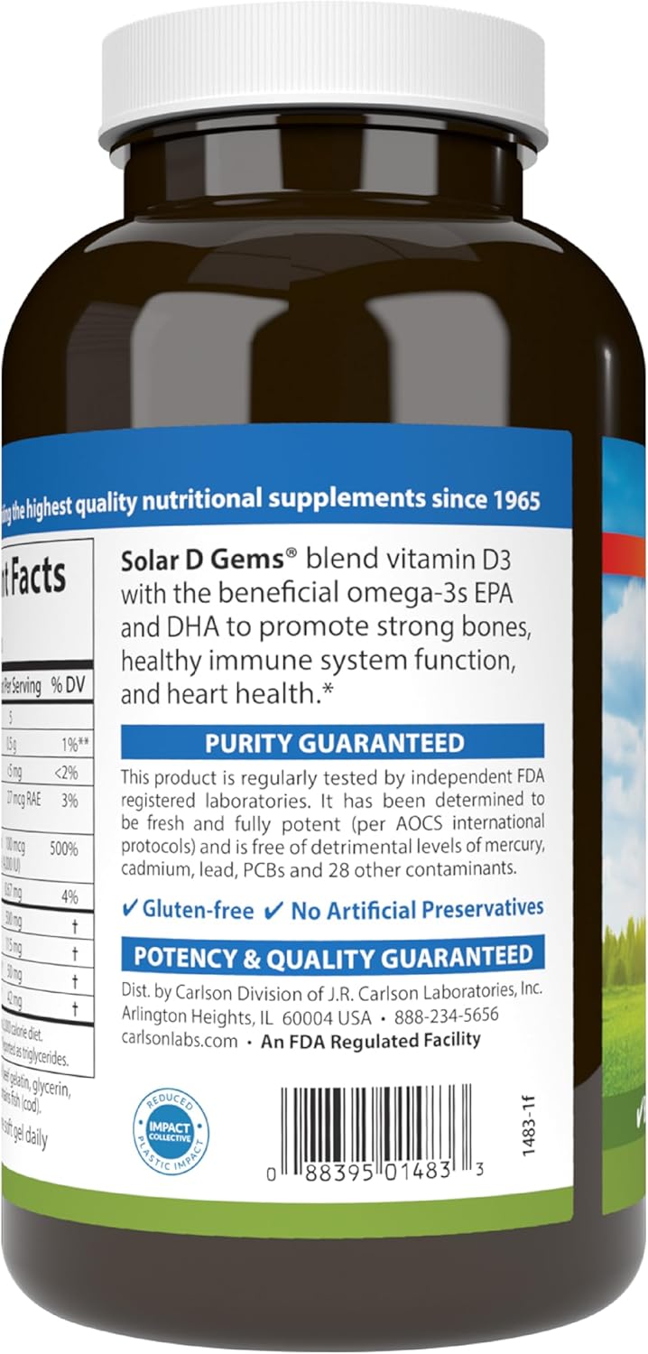 Carlson Solar D Gems Lemon Softgels - Vitamin D3 & Omega-3 Supplement, 4000 IU D3, 115 mg EPA & DHA, Bone & Immune Health, 360 Count