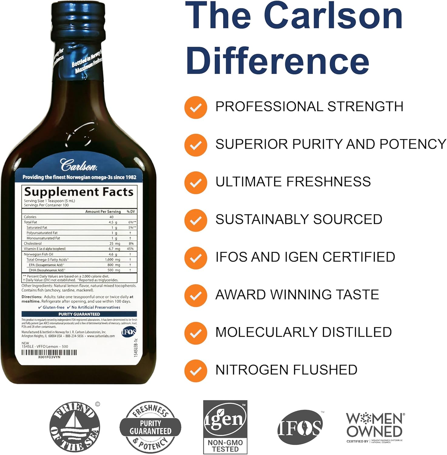 Carlson Special Edition 1600 mg Omega-3 Fish Oil Liquid Supplement - Norwegian, Wild-Caught & Sustainably Sourced Lemon Flavor - 500 mL
