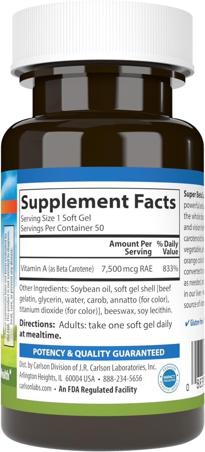 Carlson Super Beta Carotene Softgels - 25000 IU (15 mg) Vitamin A for Vision and Skin Health