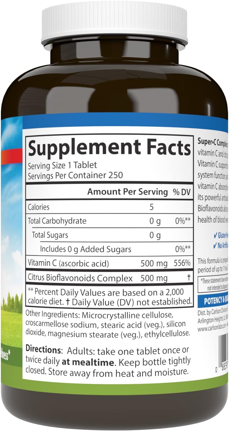 Carlson Super-C Complex: Vitamin C with Bioflavonoids for Immune Support & Antioxidant Benefits, 250 Vegetarian Tablets