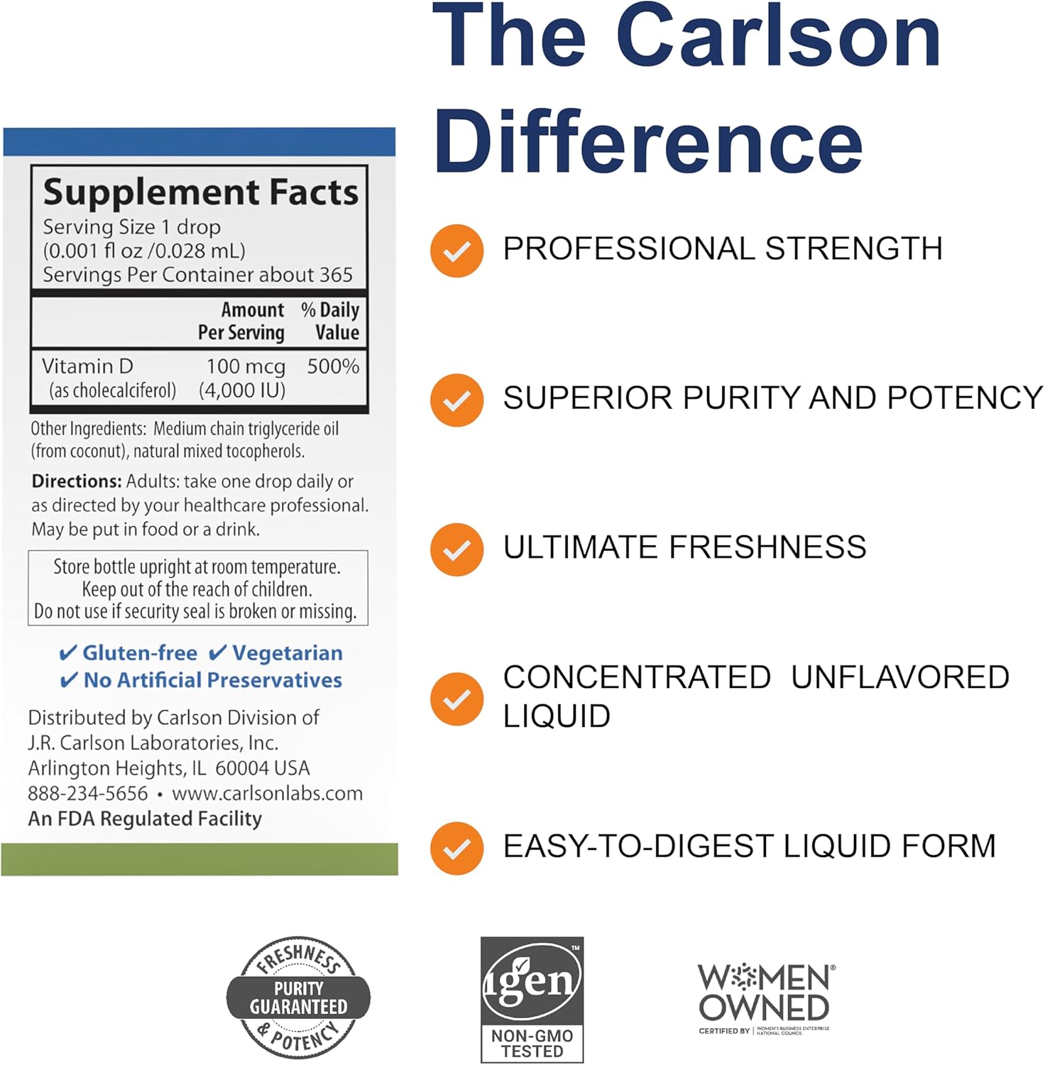 Carlson Super Daily D3 4000 IU Liquid Vitamin D3 Drops, 1-Year Supply, Unflavored, 365 Drops