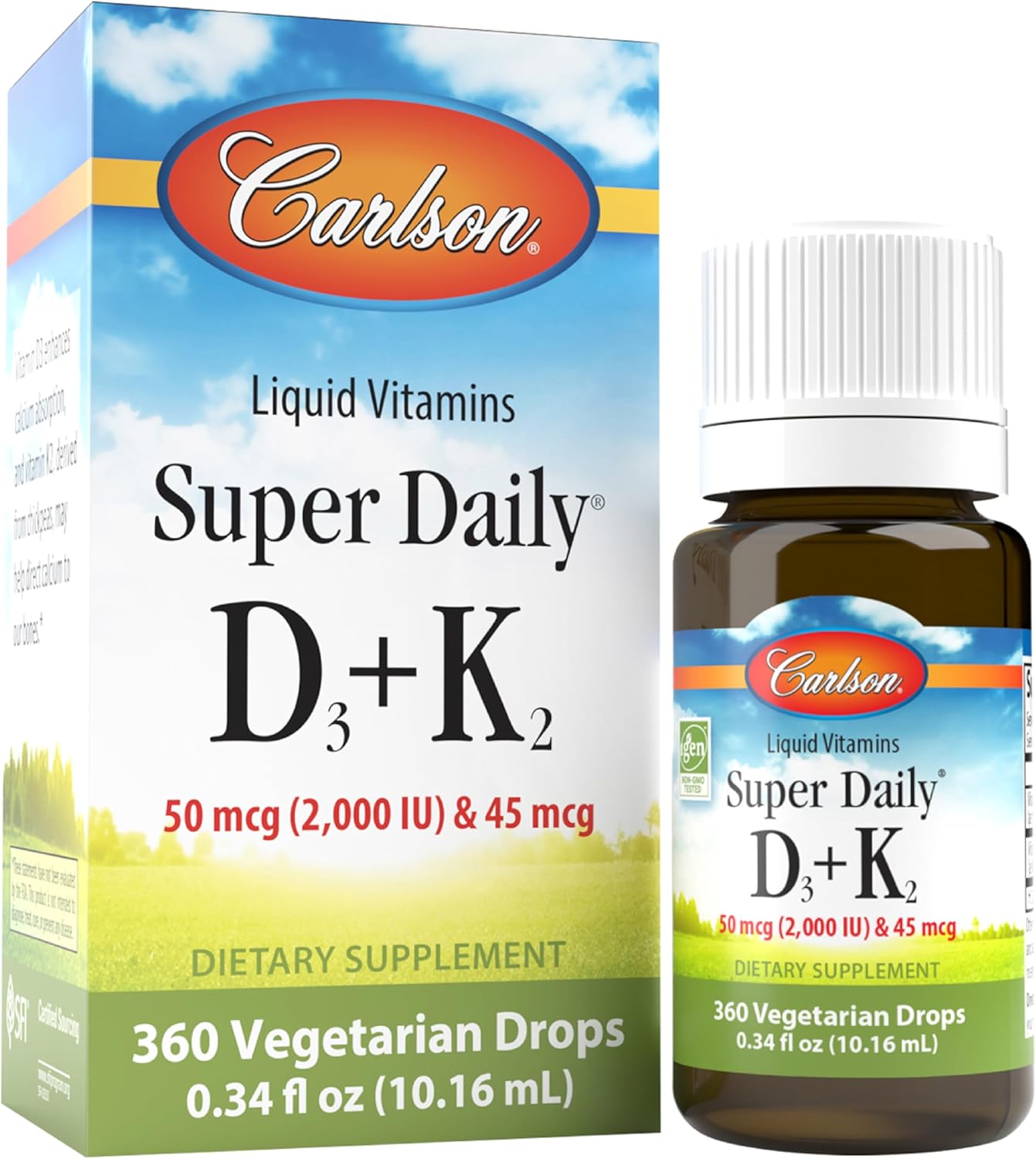 Carlson Super Daily D3 + K2, 50 mcg D3 + 45 mcg MK-7, Heart & Bone Health, 360 Liquid Drops, 10.16 ml