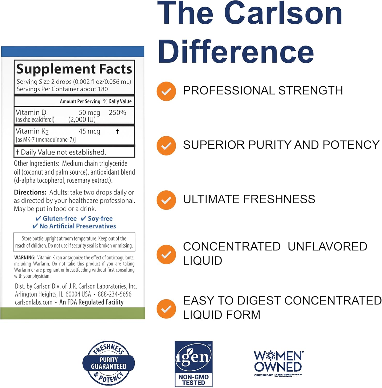 Carlson Super Daily D3 + K2, 50 mcg D3 + 45 mcg MK-7, Heart & Bone Health, 360 Liquid Drops, 10.16 ml