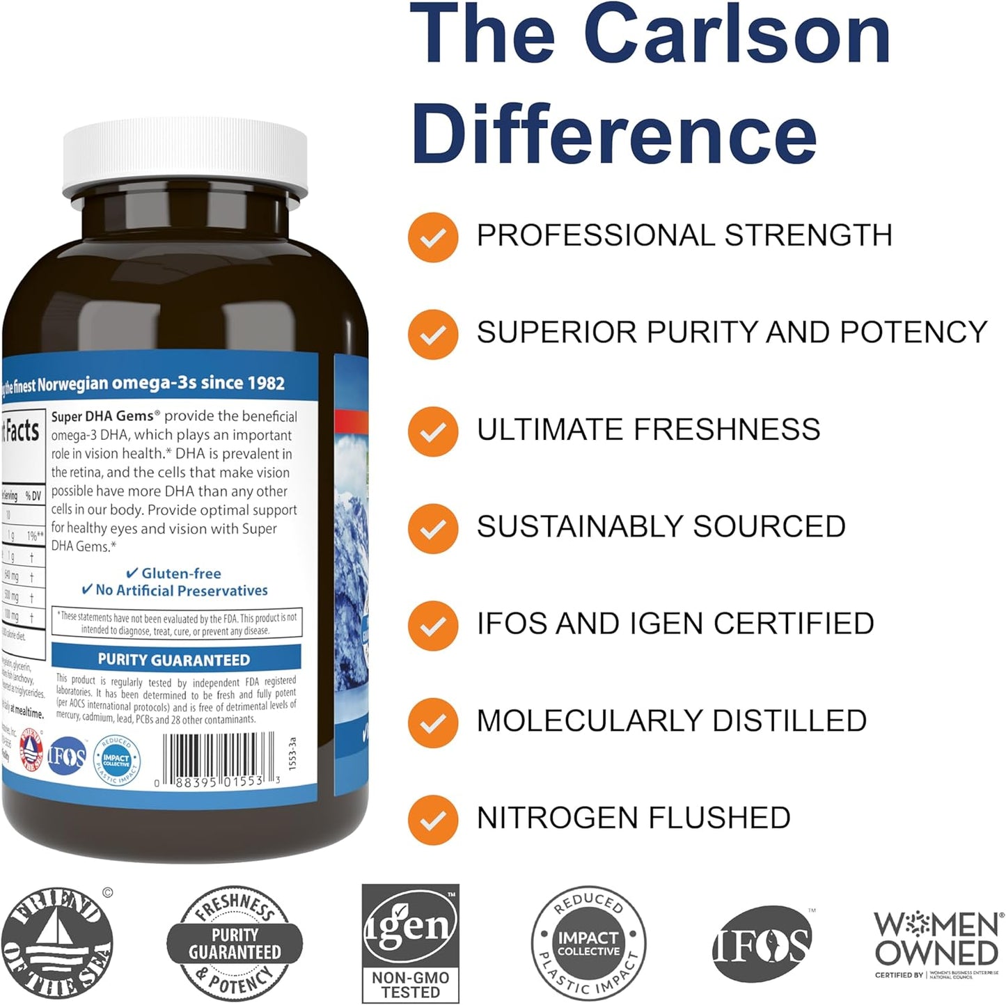Carlson Super DHA Gems - 500mg DHA, 640mg Fatty Acids, Norwegian Fish Oil Concentrate, Wild-Caught, Sustainably Sourced, 240 Softgel Capsules
