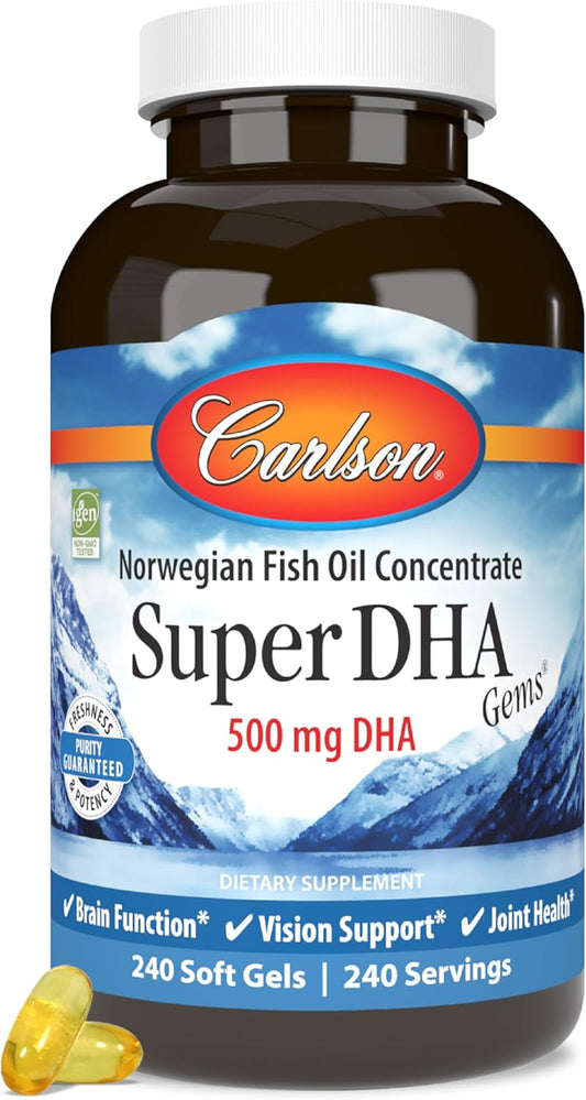 Carlson Super DHA Gems - 500mg DHA Norwegian Fish Oil Capsules, 640mg Fatty Acids, Sustainably Sourced, Wild-Caught, 240 Softgels