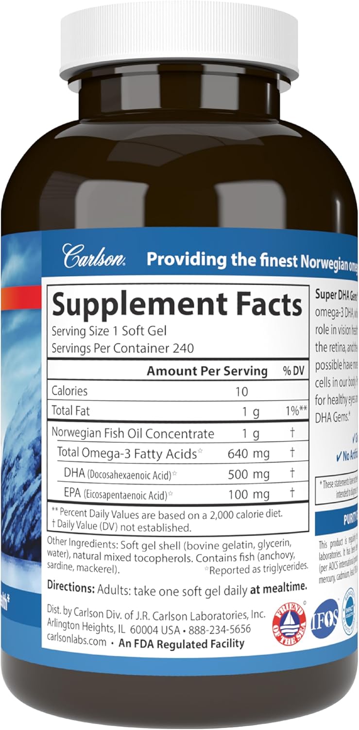 Carlson Super DHA Gems - 500mg DHA Norwegian Fish Oil Capsules, 640mg Fatty Acids, Sustainably Sourced, Wild-Caught, 240 Softgels