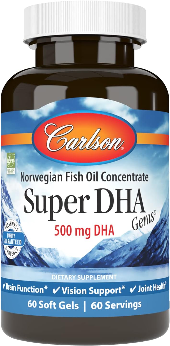 Carlson Super DHA Gems - 500mg Norwegian Fish Oil Concentrate Softgels for Cognitive Health - 60 Capsules