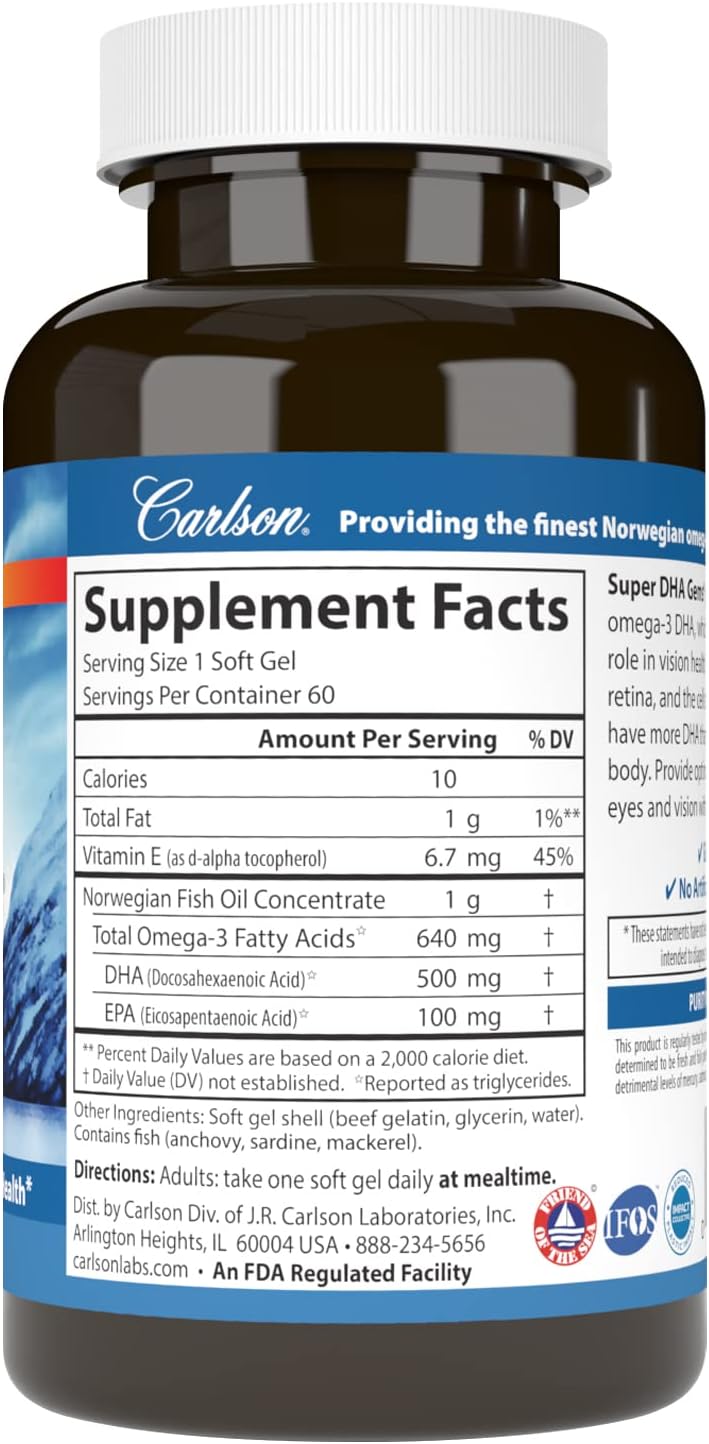 Carlson Super DHA Gems - 500mg Norwegian Fish Oil Concentrate Softgels for Cognitive Health - 60 Capsules