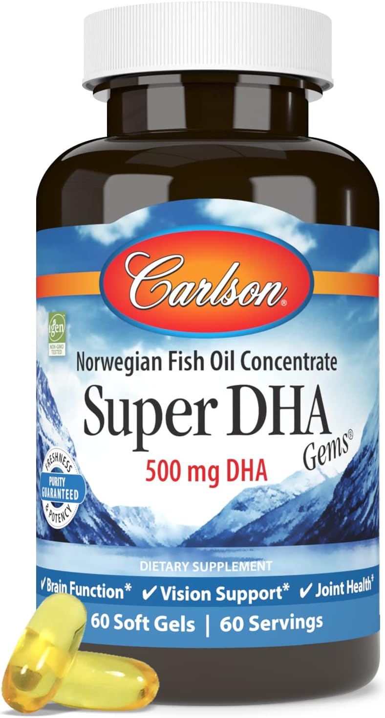 Carlson Super DHA Gems - 500mg Norwegian Fish Oil Concentrate Softgels for Cognitive Health - 60 Capsules