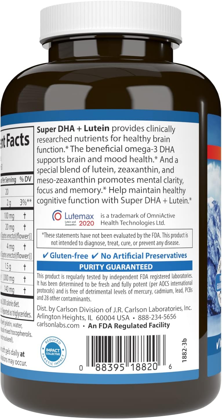 Carlson Super DHA Plus Lutein Softgels - 1000 mg DHA with 20 mg Lutein - 120 Count